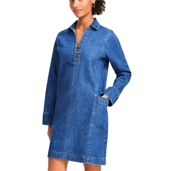 LOFT Dresses & Skirts - New Loft Denim Pocket Mini Dress Blue Women Size Large Tall Western Cowgirl Boho